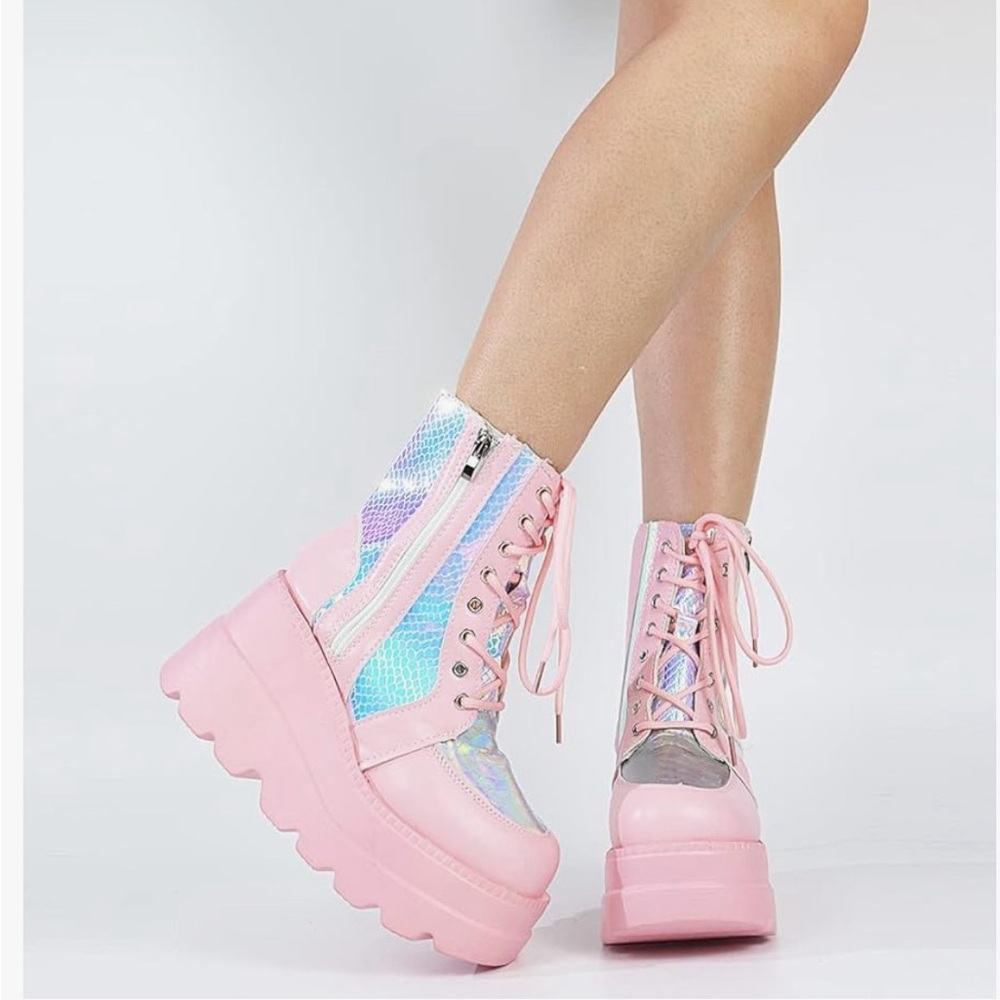 Silver and Pink Platform Combat Boots